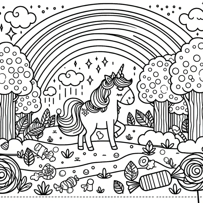 Dessine une licorne enchantée se promenant dans une forêt de bonbons sous un arc-en-ciel éclatant.