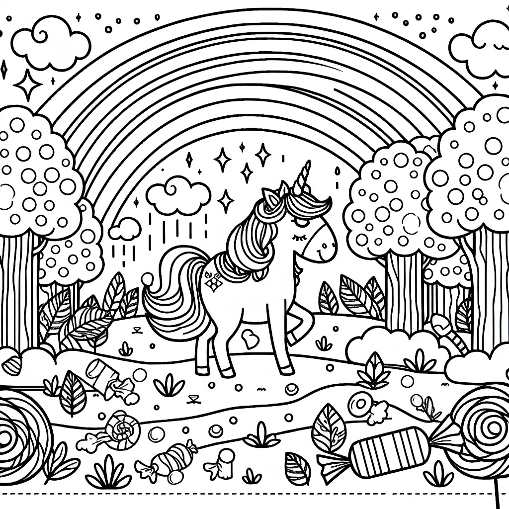 Dessine une licorne enchantée se promenant dans une forêt de bonbons sous un arc-en-ciel éclatant.