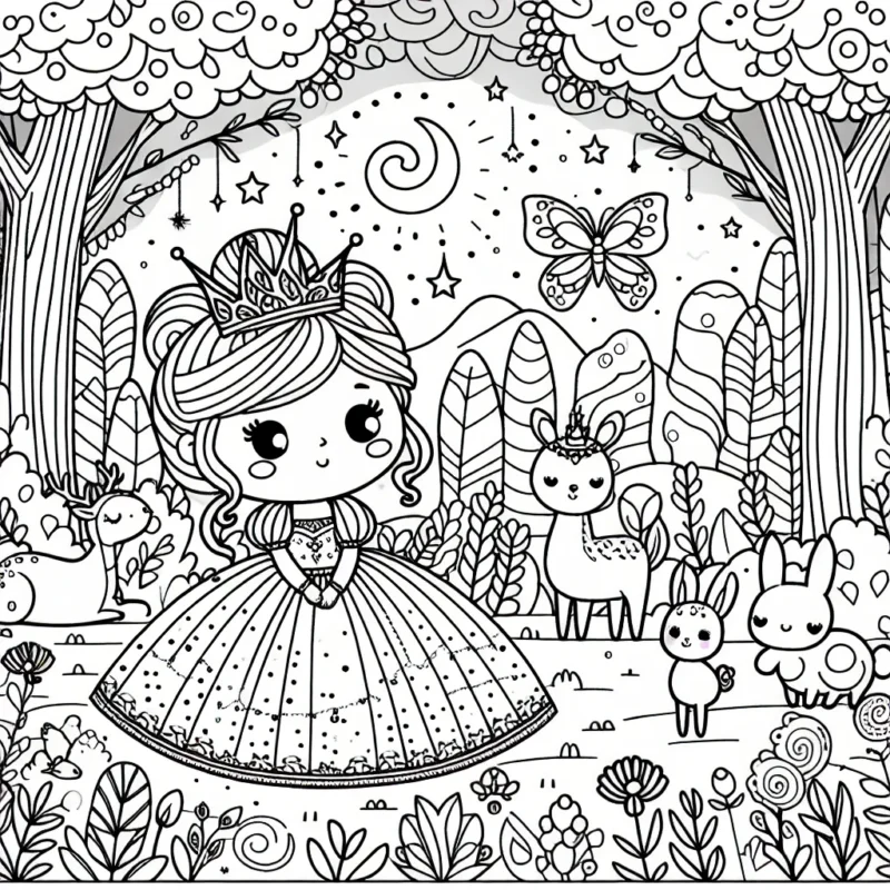 Une petite princesse au milieu d'une forêt enchantée entourée d'animaux magiques.