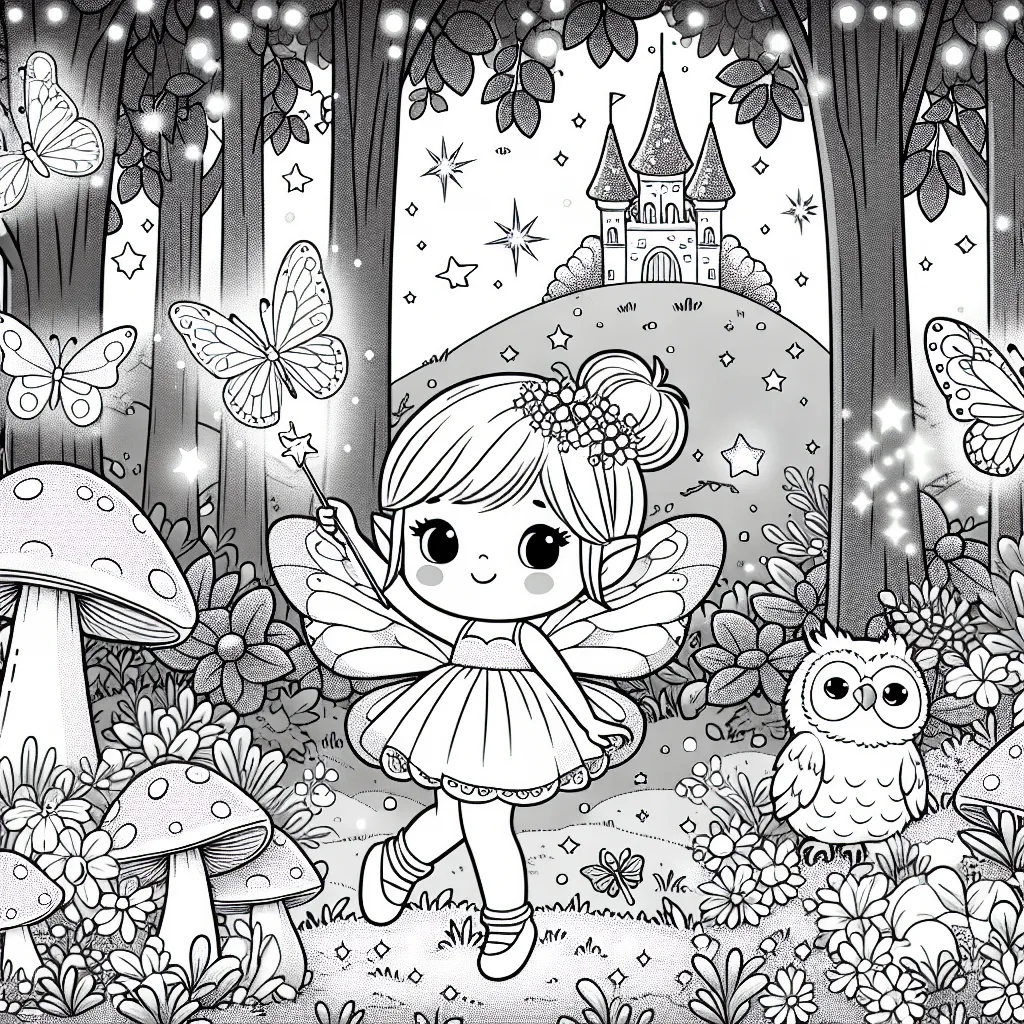 Une petite fée adorable se promène dans une forêt enchantée, peuplée de créatures magiques et mystérieuses. Elle tient sa baguette scintillante, prête à accomplir un sort magique. Elle est entourée de papillons étincelants, de champignons lumineux, d'un hibou éveillé et d'un picori espiègle. À distance, on peut apercevoir son château féerique au sommet d'une colline couverte de fleurs chatoyantes.