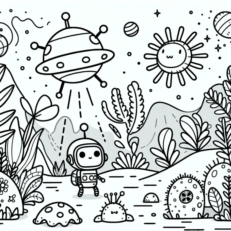 Un petit robot explorant une mystérieuse planète extraterrestre, avec des créatures incroyables et diverses plantes aux formes étranges dans le paysage.