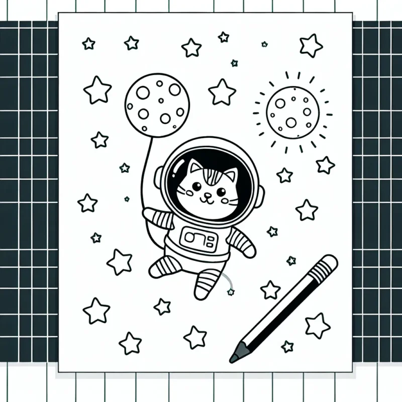 Un astronaute chat flottant dans l'espace et attrapant les étoiles filantes avec un filet en forme de lune