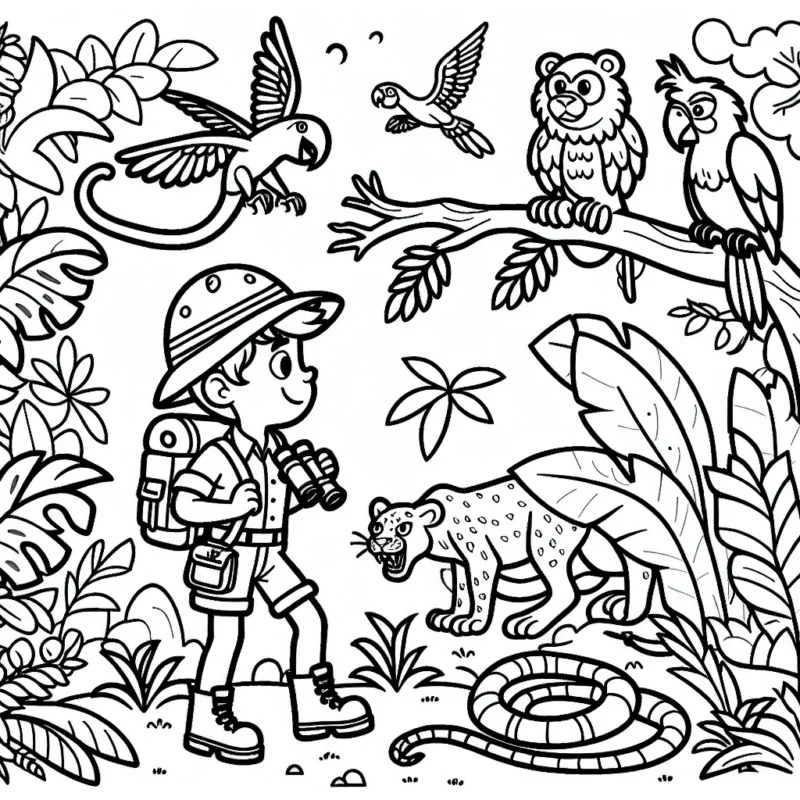 Un jeune garçon explore une jungle mystérieuse; il y a un serpent rampant sur une branche, un singe grimpe sur un arbre, un perroquet coloré vole dans le ciel et une panthère cachée derrière les buissons. Le garçon porte une casquette de safari, un sac à dos et une jumelle.