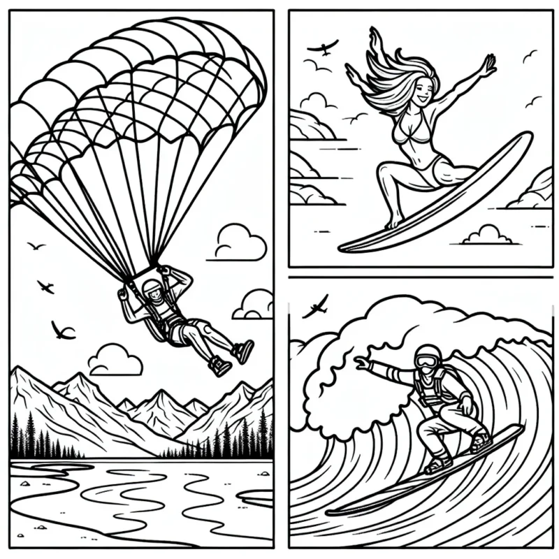 Dessinez et colorez un parachutiste en plein saut, une surfeuse sur une vague géante et un skieur freestyle réalisant un saut impressionnant en montagne.