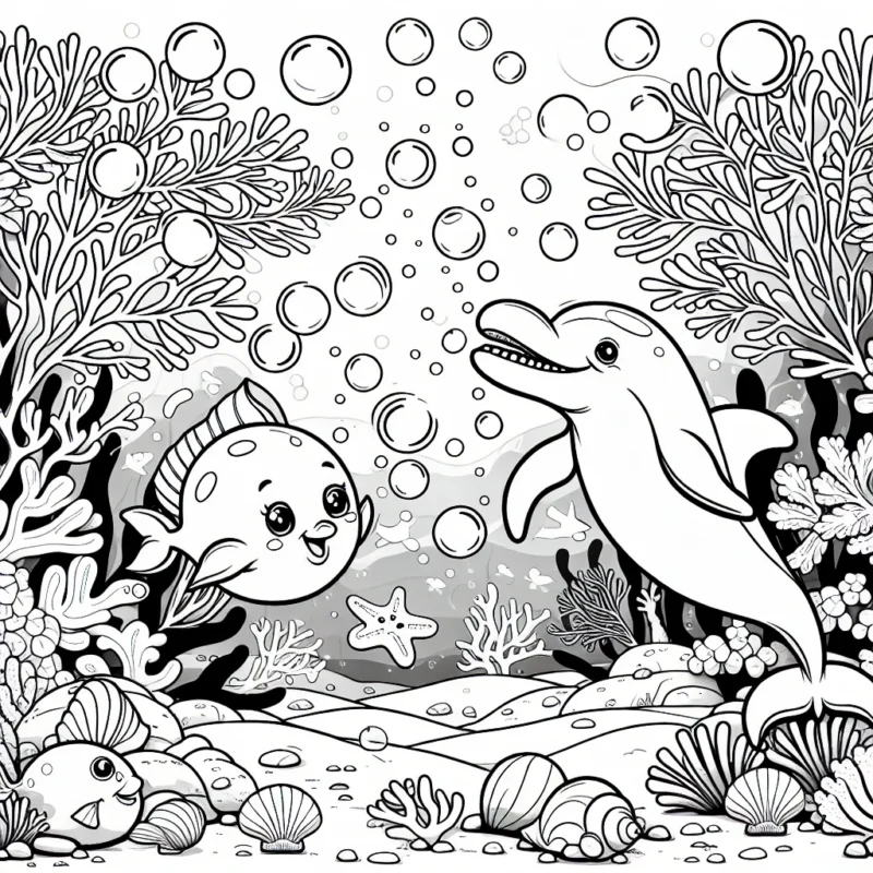 Imagine un monde sous-marin mystérieux plein de créatures et de plantes aquatiques. Dans ce dessin, tu dois colorer un dauphin joyeux, qui joue avec des bulles d'eau en compagnie de petits poissons colorés, des étoiles de mer et des coquillages. Le tout se situe près d'un récif de corail lumineux et vibrant qui est un spectacle à part entière.
