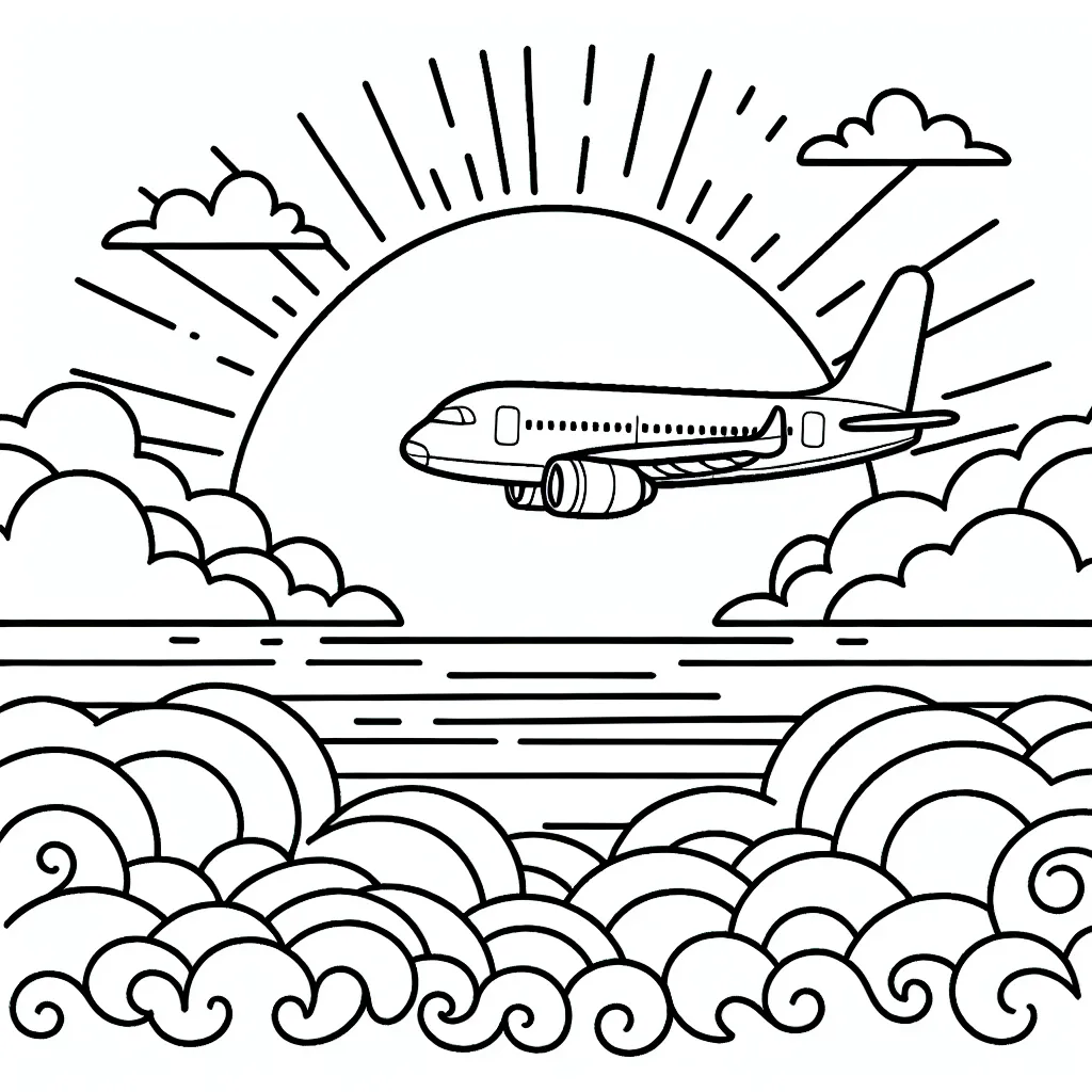 Dessine un avion passager volant au-dessus des nuages avec le soleil couchant en arrière-plan
