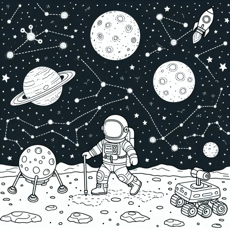 Dessine un astronaute sur la lune entouré de rovers spatiaux et constellations au loin