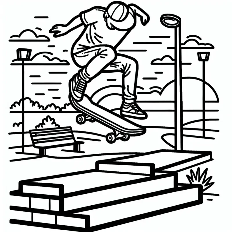 Imagines et dessines un skateboarder droit sur sa planche, fendant l'air, au-dessus d'une rampe dans un parc à skate, avec le soleil qui se couche en arrière-plan