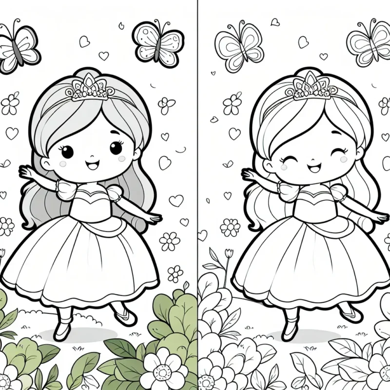 Une princesse joyeuse qui danse avec des papillons dans un jardin fleuri