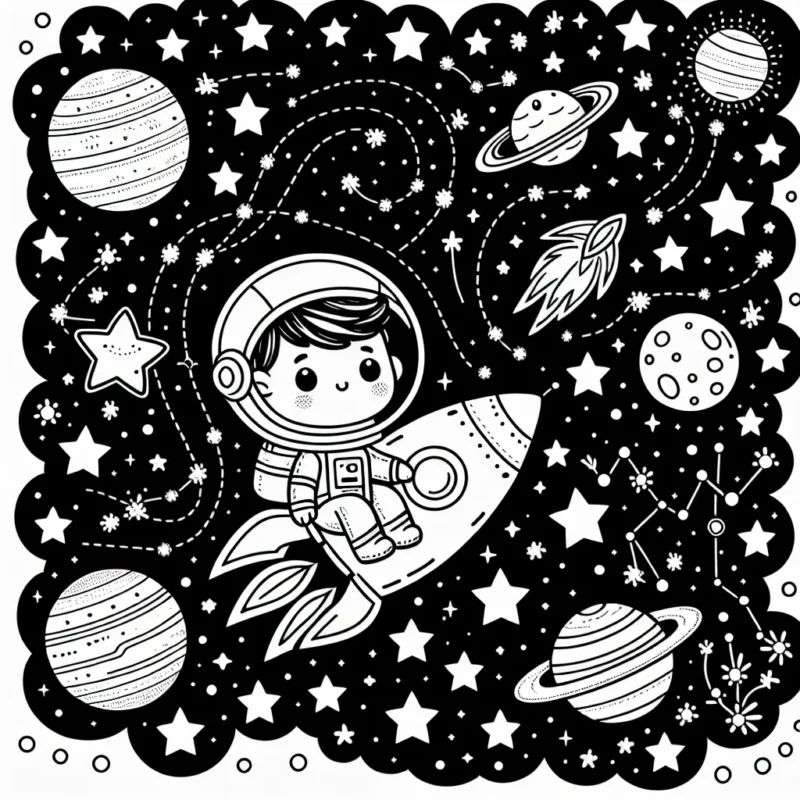Un jeune astronaute virevoltant avec son vaisseau spatial dans l'univers, entouré d'étoiles scintillantes, de planètes colorées, de comètes et de constellations brillantes.