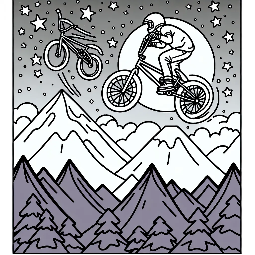 Dessine un saut extraordinaire en BMX avec à l'arrière-plan une montagne enneigée et un ciel étoilé.