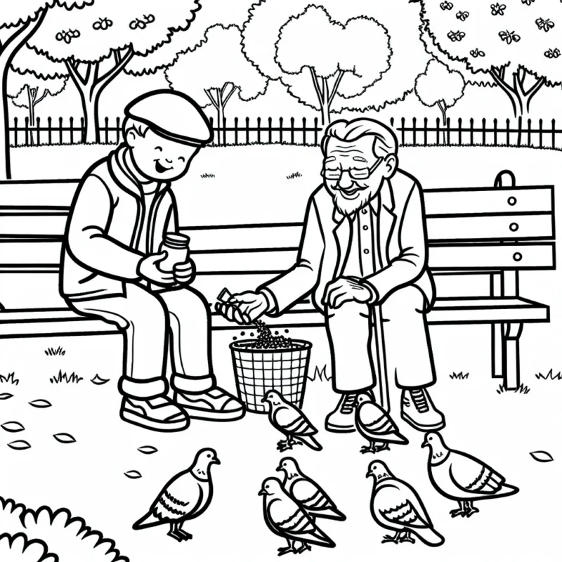 Un petit garçon aidant un vieil homme à nourrir les pigeons dans un parc.