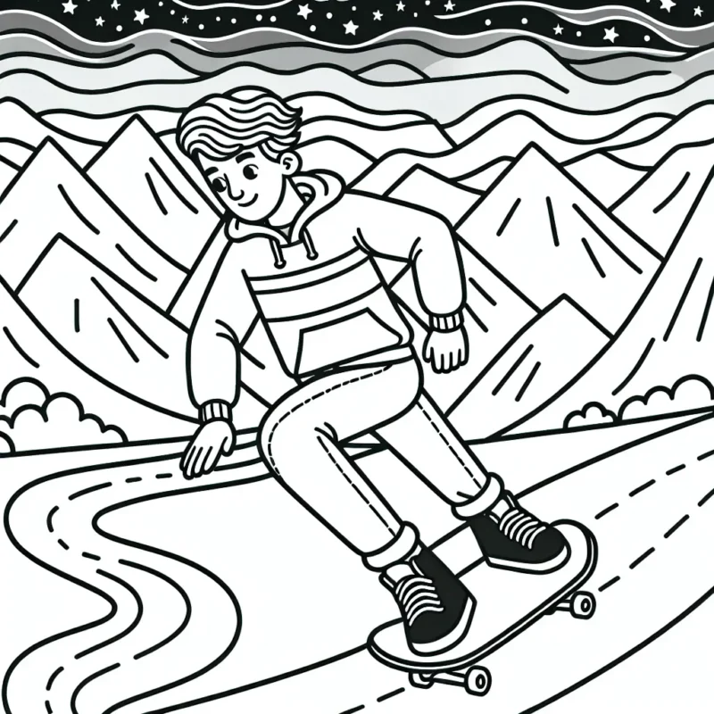 Un athlète de sports extrêmes fait du skateboard sur une piste tortueuse, avec des montagnes et un ciel étoilé en arrière-plan.