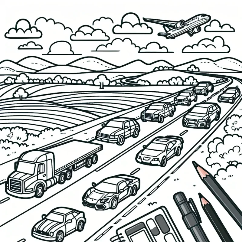 Imagine un dessin détaillé regroupant diverses voitures par marque sur une grande route de campagne.