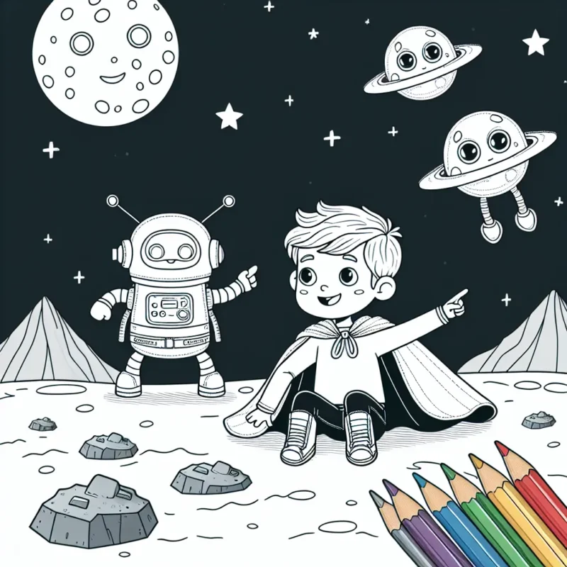 Un petit garçon joue au super-héros dans la lune avec des robots extraterrestres