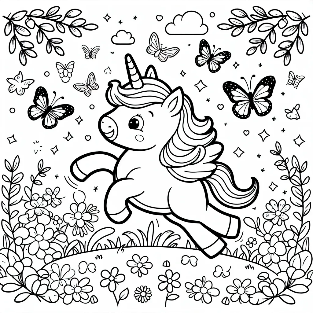 Une licorne mignonne jouant dans un jardin enchanteur avec des papillons