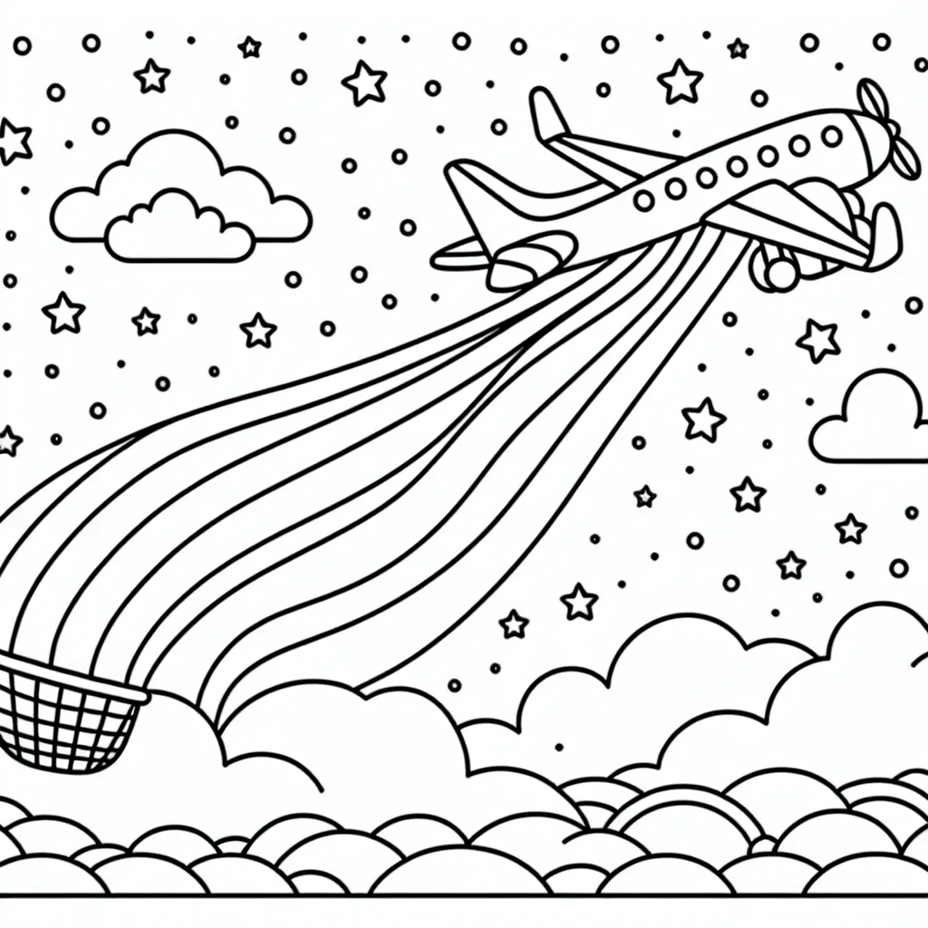 Un avion jetant un filet arc-en-ciel dans le ciel étoilé