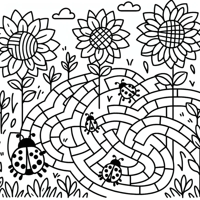 Une famille de coccinelles voyage à travers un labyrinthe de tournesols géants