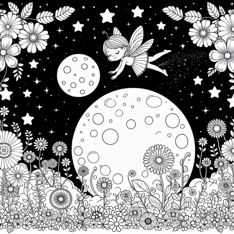 Une petite fée vole au-dessus d'un jardin empli de fleurs brillantes sous le clair de lune.