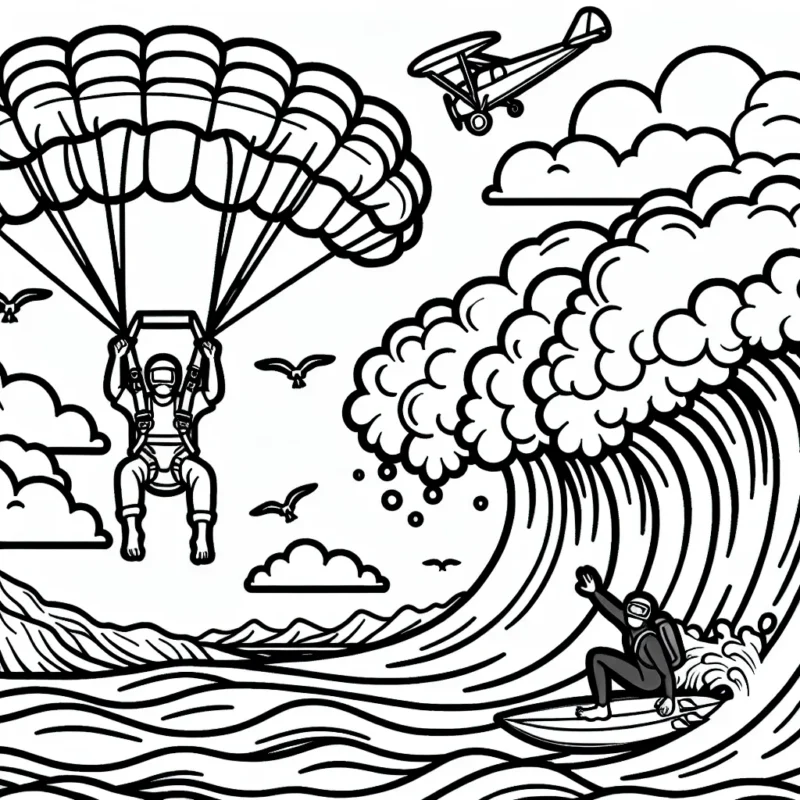 Scène d'excitation extrême avec un parachutiste plongeant dans les nuages audacieux et un surfeur domptant une vague géante.