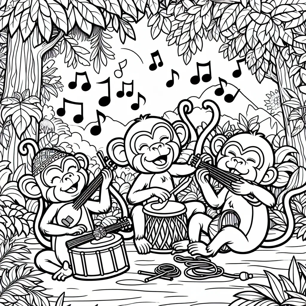 Une troupe de singes jouant avec des instruments de musique dans la jungle