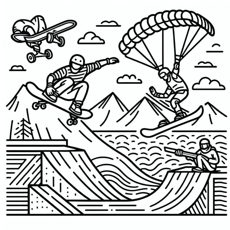 Dans ce dessin, vous pouvez voir un skateur en plein saut au dessus d'une rampe dans un skatepark. Il y a aussi un snowboardeur descendant une pente montagneuse. A côté, on aperçoit un surfeur attraper une grande vague. Pour finir, en haut du dessin, un parachutiste est en plein vol libre.