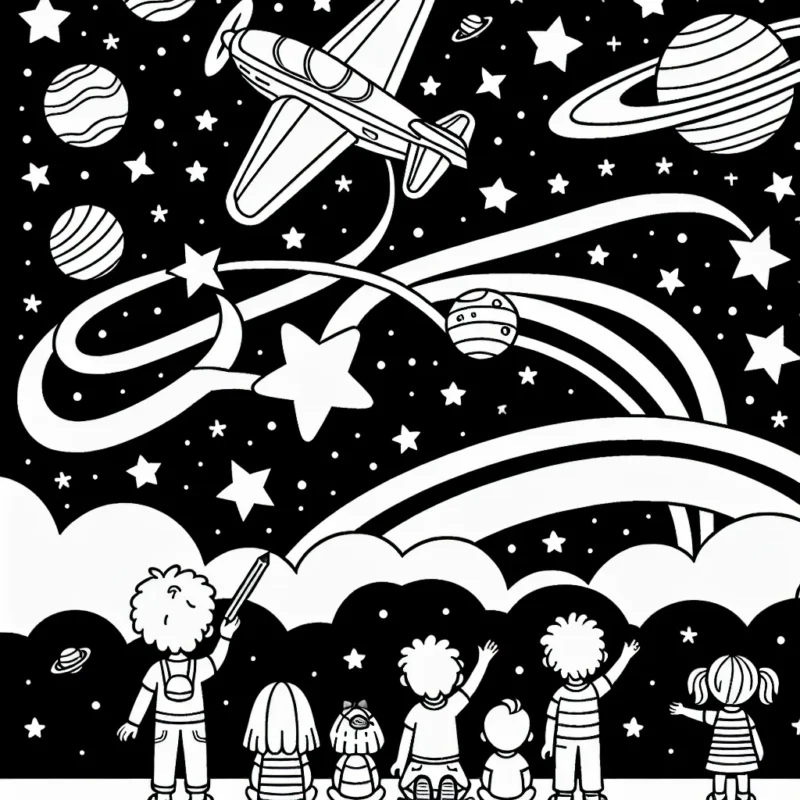 Illustration d'un avion acrobatique volant dans le ciel étoilé entouré de planètes avec une foule d'enfants admirative au sol