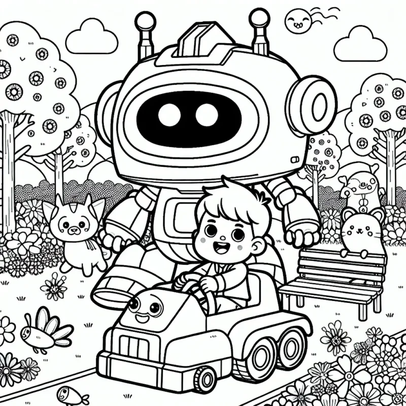 Un petit garçon pilote un robot géant dans un parc rempli de fleurs colorées et d'animaux souriants.