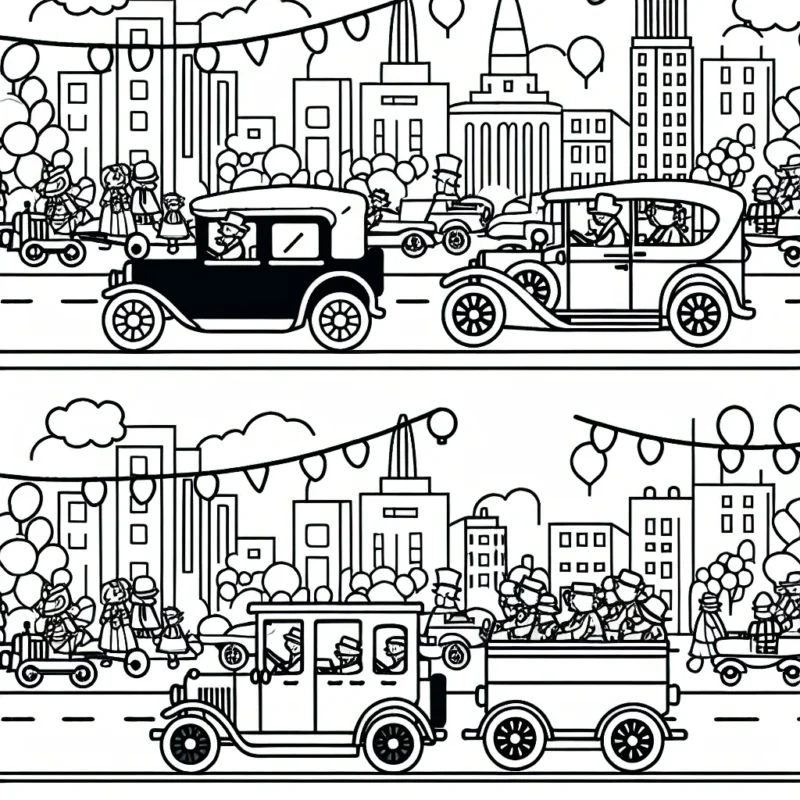 Un défilé festif de voitures vintages dans une ville animée