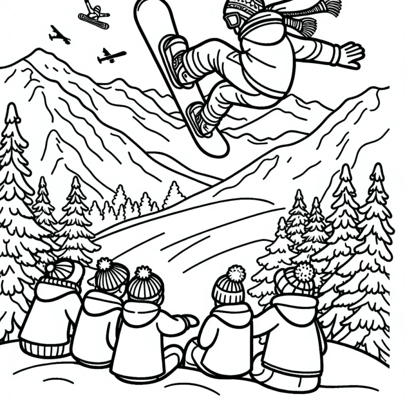 Un snowboarder effectue un saut périlleux au-dessus des montagnes enneigées, pendant que des spectateurs ébahis l'observent depuis le bas de la piste