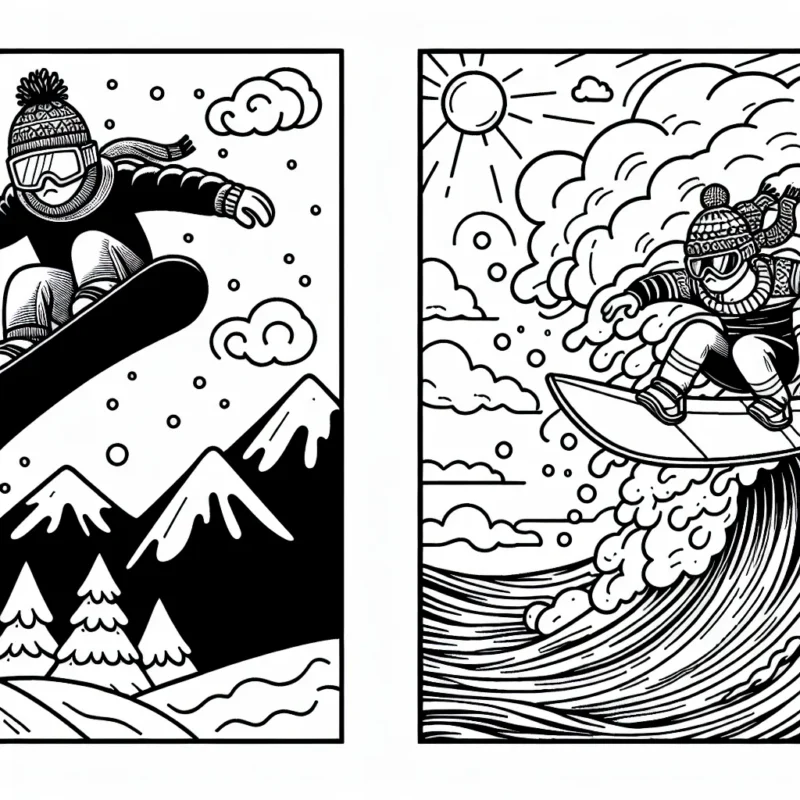 Dessine un snowboardeur effectuant un saut majestueux au-dessus des montagnes enneigées et un surfeur bravant de grandes vagues lors d'une tempête tropicale.