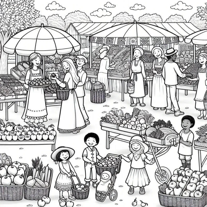 Une scène joyeuse d'un marché de fermiers avec de nombreux stands de fruits, légumes, miel et pain frais.
