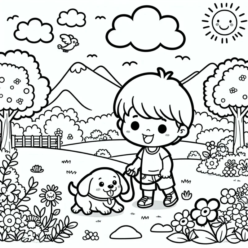 Un adorable petit garçon joue avec un chiot dans un parc ensoleillé. Le parc est rempli d'arbres, de fleurs et d'oiseaux qui chantent. En arrière-plan, on peut voir des montagnes lointaines et un ciel bleu clair parsemé de nuages.