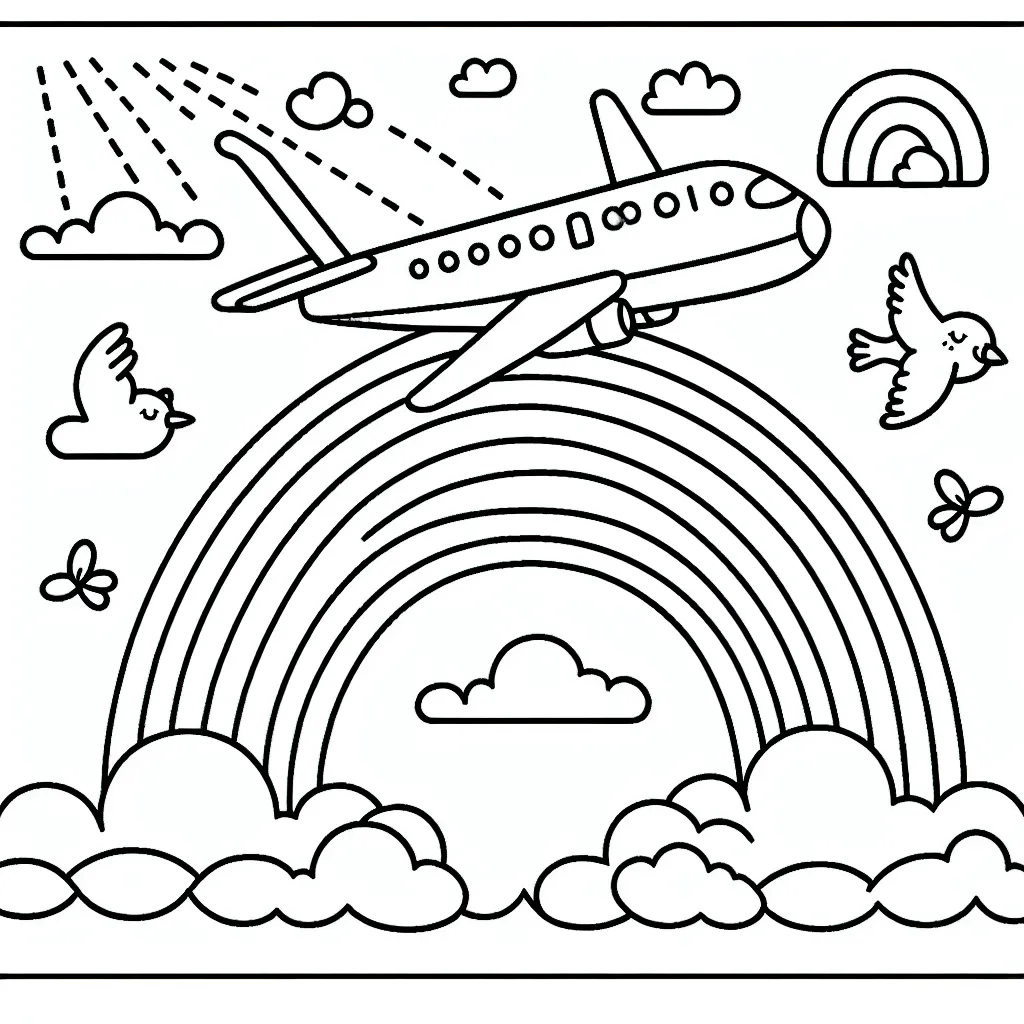 Dessinez un avion volant haut dans le ciel avec un arc-en-ciel, des oiseaux et des nuages autour de lui.