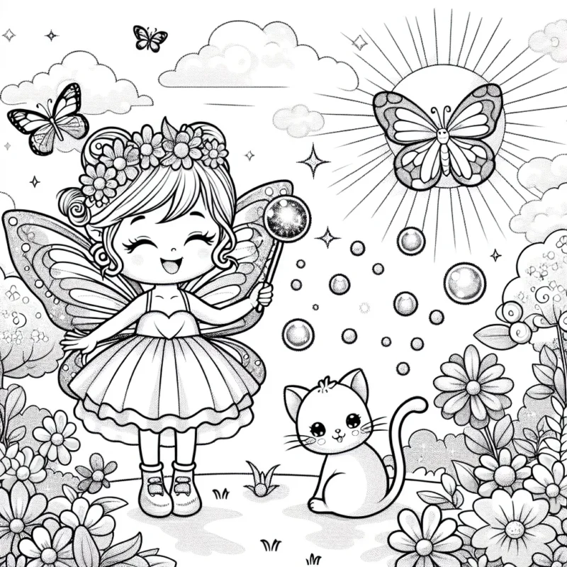 Une petite fée qui joue avec un chaton dans un jardin fleuri, une baguette magique scintillant dans une main et une petite éponge à bulles dans l'autre. Le ciel prend des couleurs pastel pour montrer le lever du soleil alors que des papillons dansent autour d'elle.
