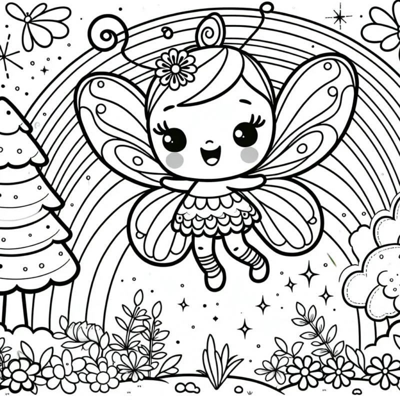 Une adorable petite fée papillon virevolte joyeusement autour d’un magnifique arc-en-ciel étincelant. Autour d'elle, une forêt enchantée aux arbres sucrés et fleurs parfumées.