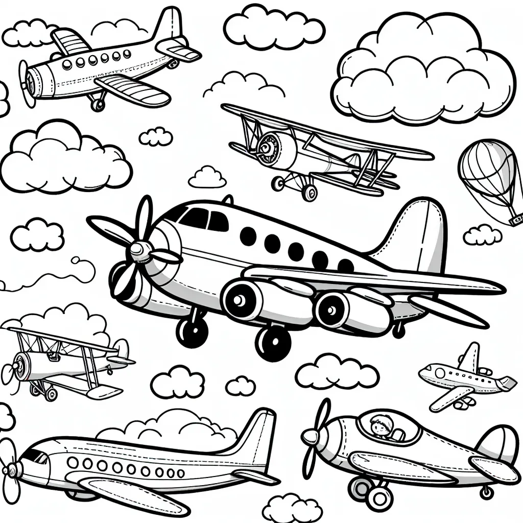 Un voyage aérien excitant à travers les nuages! Dessine et colore des avions de différents types : avions de chasse, avions de ligne, avions à hélice, dirigeables et même des hélicoptères!