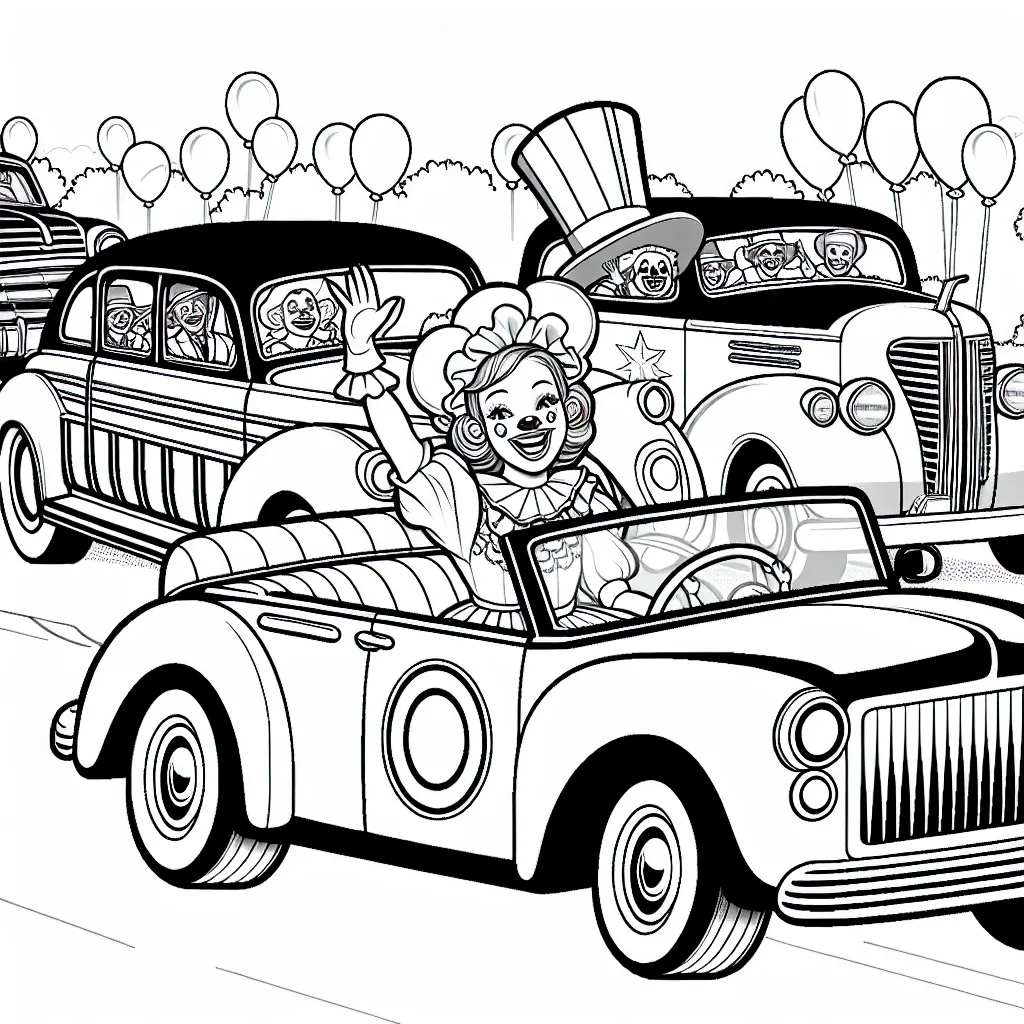 Une parade de voitures colorées - chaque voiture a son propre style, du style rétro à moderne, avec des clowns à bord qui agitent au public.
