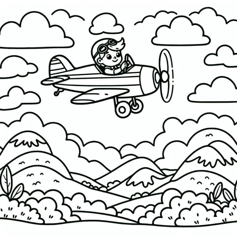 Un aviateur courageux vole à travers un ciel nuageux avec son avion à hélices, survolant des montagnes majestueuses et des champs verdoyants.