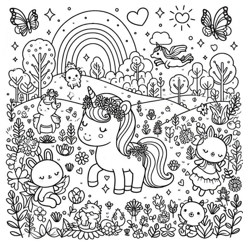 Un jardin enchanté rempli de petits animaux mignons jouant autour d'une magnifique licorne