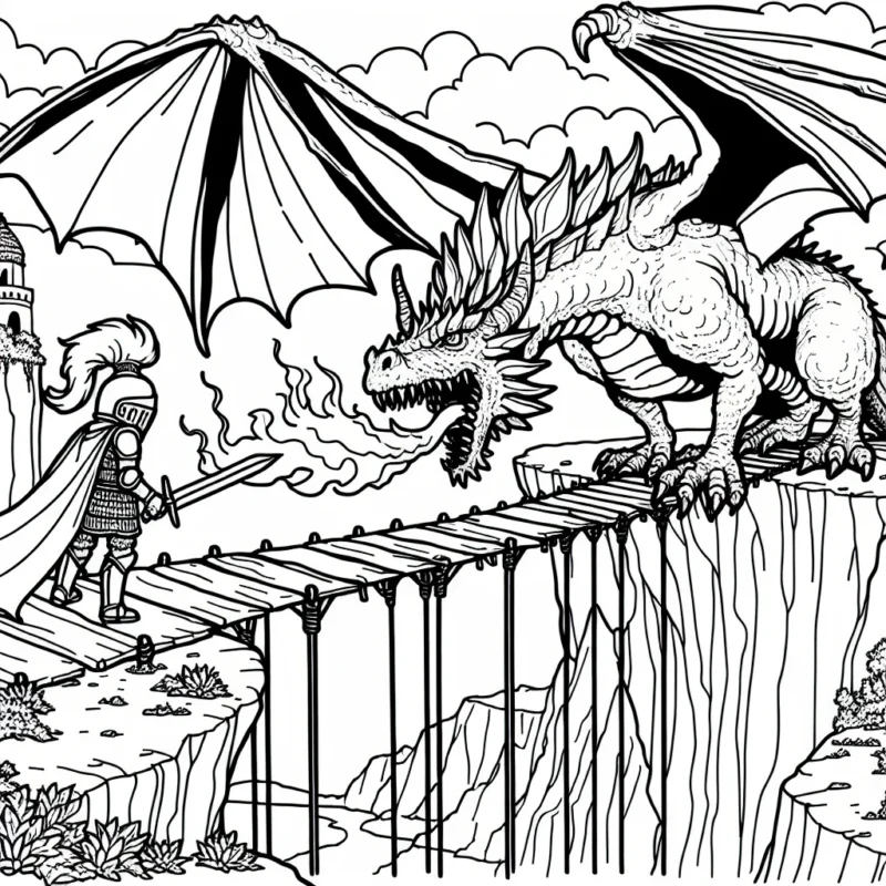Jeune chevalier courageux affronte un gigantesque dragon cracheur de feu sur un pont suspendu au dessus d'un précipice effrayant