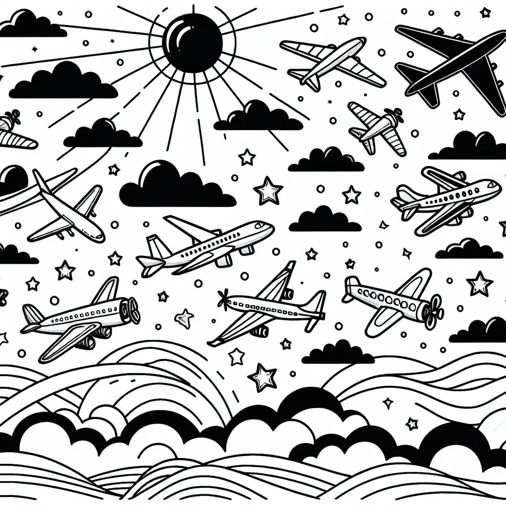 Un spectacle aérien passionnant avec différents types d'avions qui volent haut dans le ciel - une formidable occasion pour les enfants d'exprimer leur créativité en peignant les avions et le ciel autour.