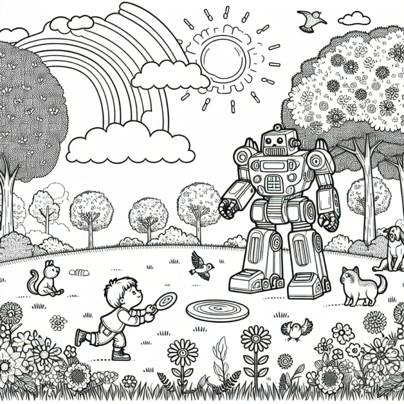 Un petit garçon joue avec son robot géant dans un parc rempli de beaux arbres et de fleurs colorées. Il y a aussi des animaux dans le parc : un petit chien qui court après un frisbee, un écureuil qui grimpe dans l'arbre et des oiseaux qui chantent sur les branches. Dans le ciel, les nuages sont accompagnés de soleil et d'un arc-en-ciel qui ajoute une touche de couleur supplémentaire à la scène.