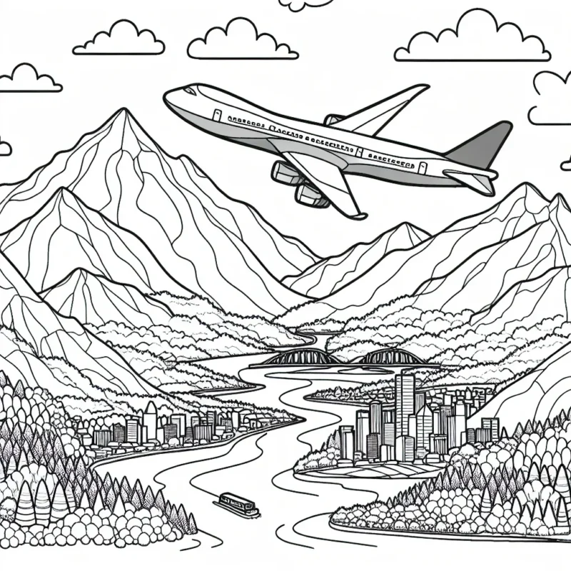 Un dessin en ligne noir et blanc d'un avion de ligne survolant un paysage varié : montagnes, forêts, rivières et villes...