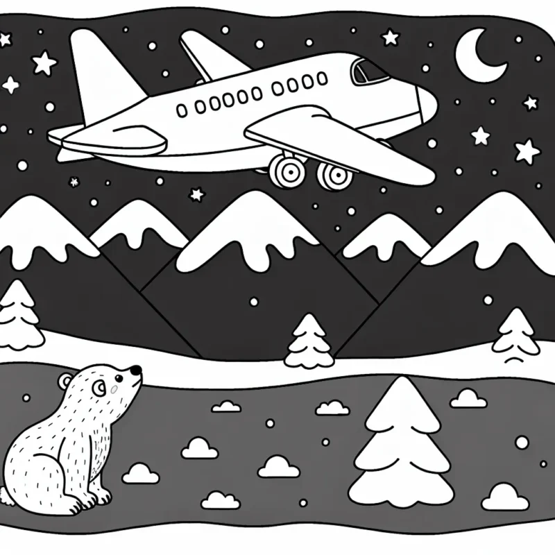 Un avion survolant les montagnes enneigées et un ours polaire observant le spectacle depuis la terre ferme.
