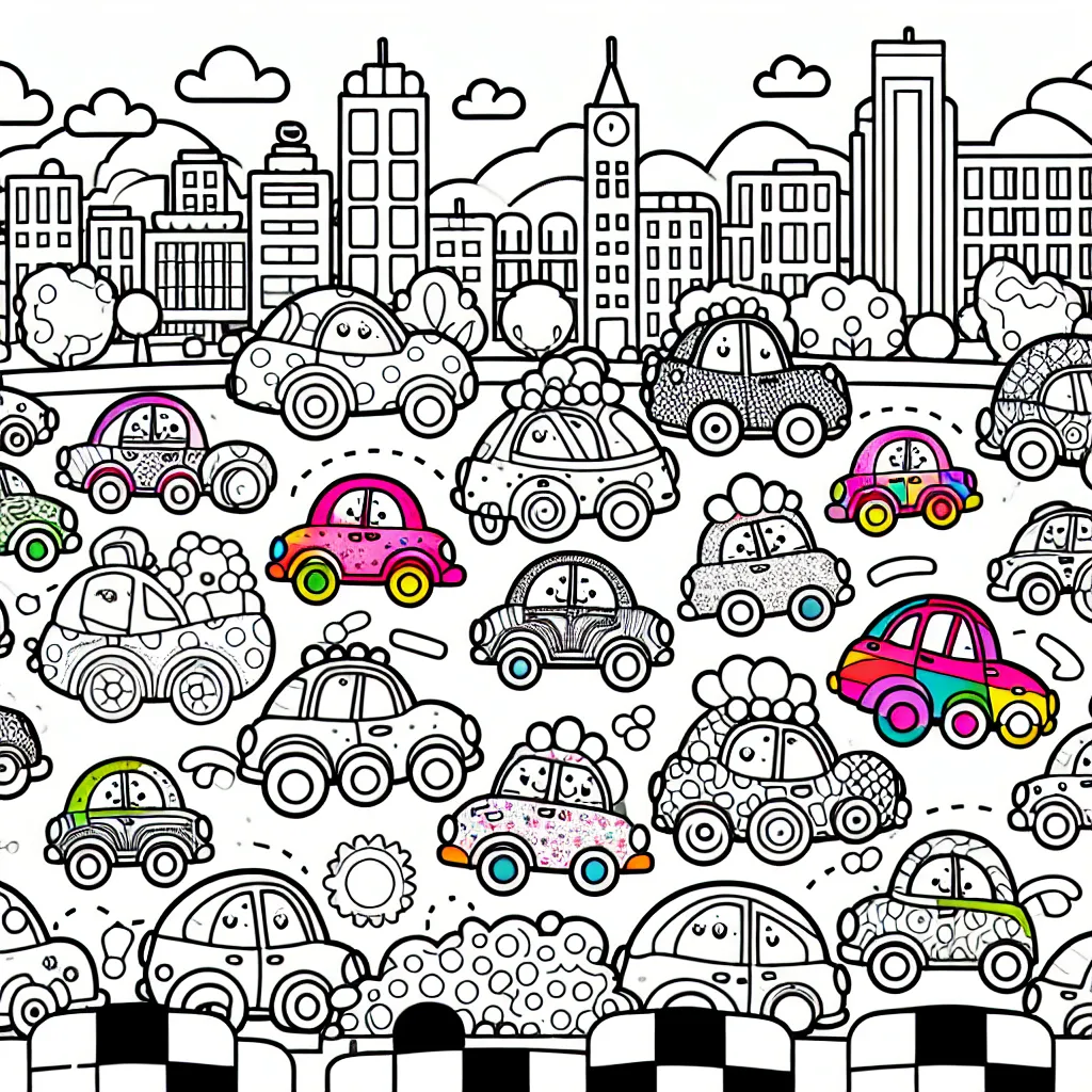 Dessine une course colorée de voitures surprenantes dans la ville animée !