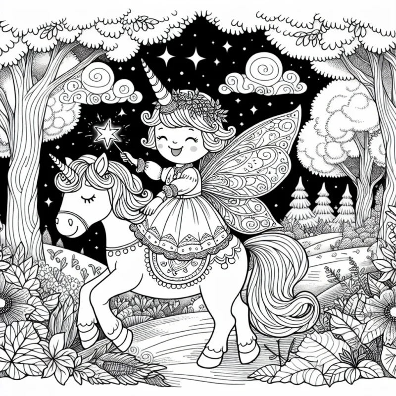 Une petite fée souriante avec sa baguette magique chevauchant un licorne au milieu du jardin enchanté