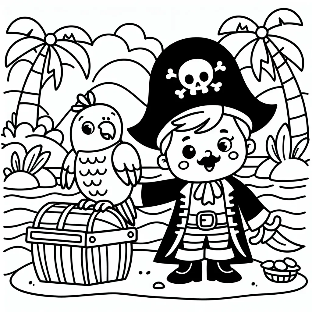 Pirate avec son perroquet sur une île au trésor