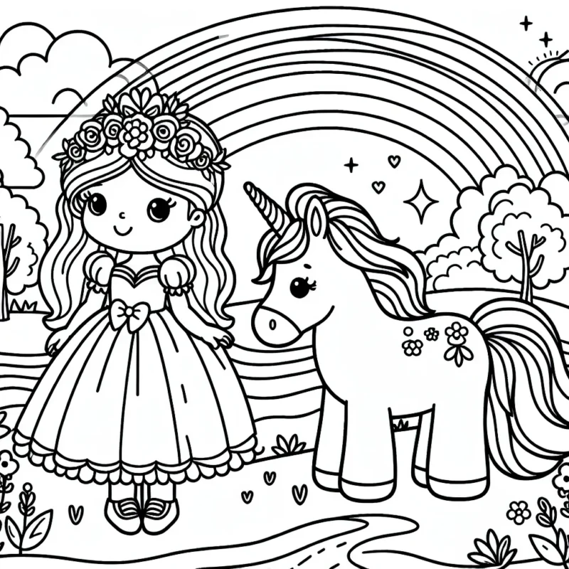 Une jolie princesse avec sa licorne au bord d'une rivière arc-en-ciel