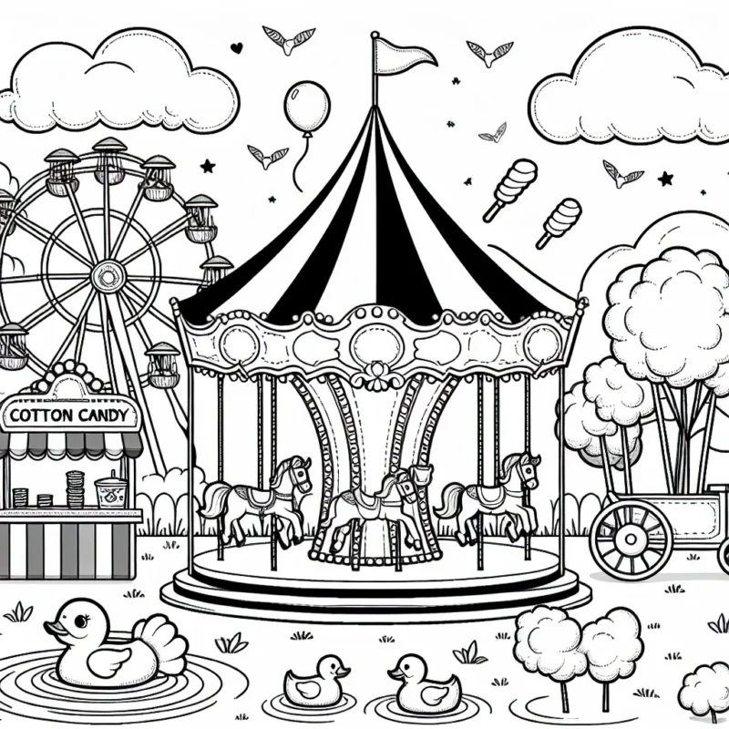 Une scène de fête foraine animée avec des manèges, un stand de barbe à papa, des bobines de pêche aux canards et un grand chapiteau de cirque en plein milieu.